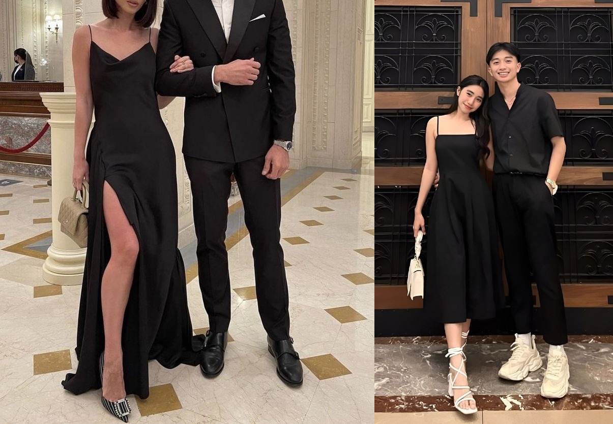 Para darle un toque twinning, ambos pueden llevar zapatos de la misma marca o color, como unos stilettos negros para ti y unos oxfords negros para él.