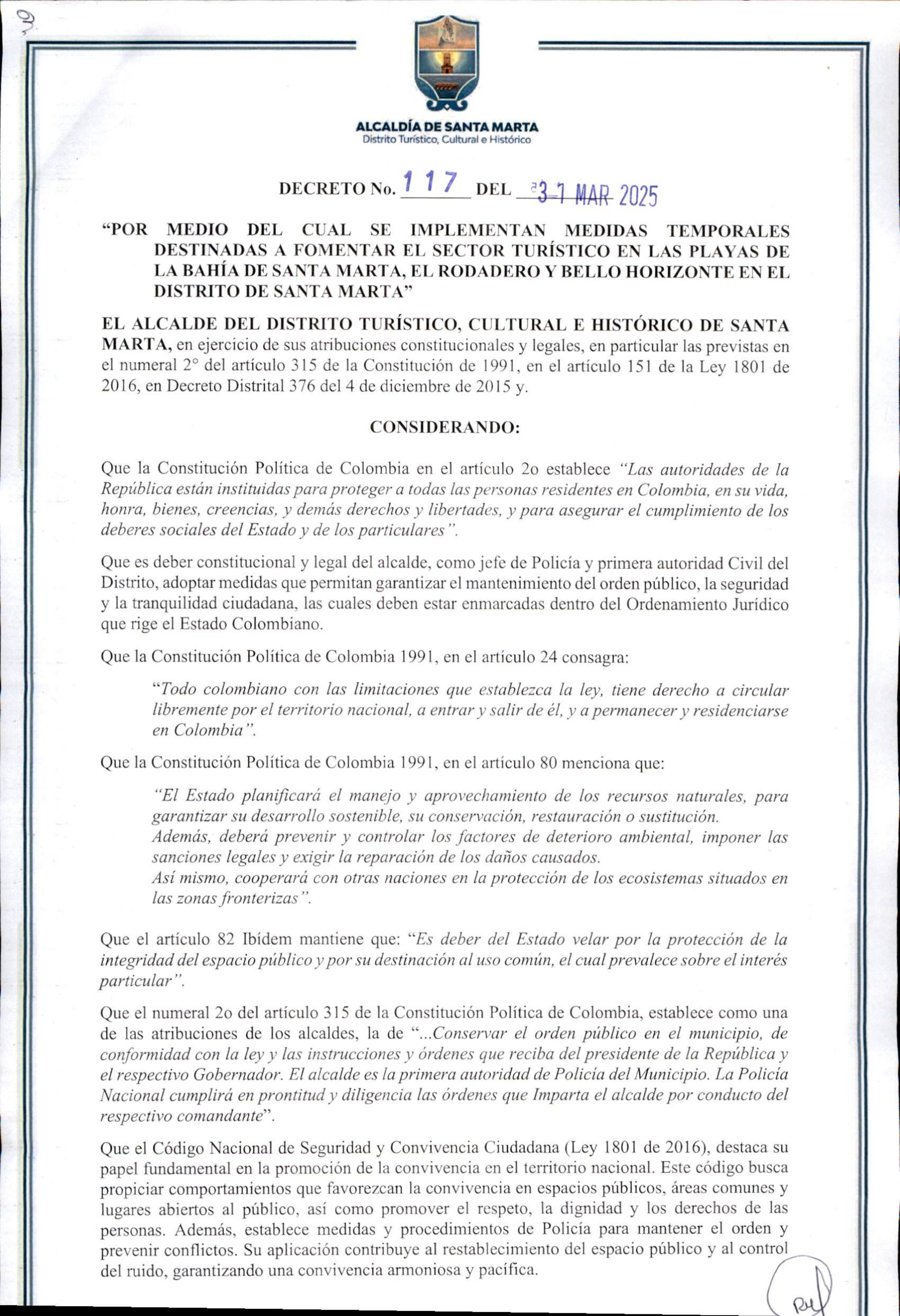 Decreto 117 de la Alcaldía de Santa Marta para implementar estas medidas temporales