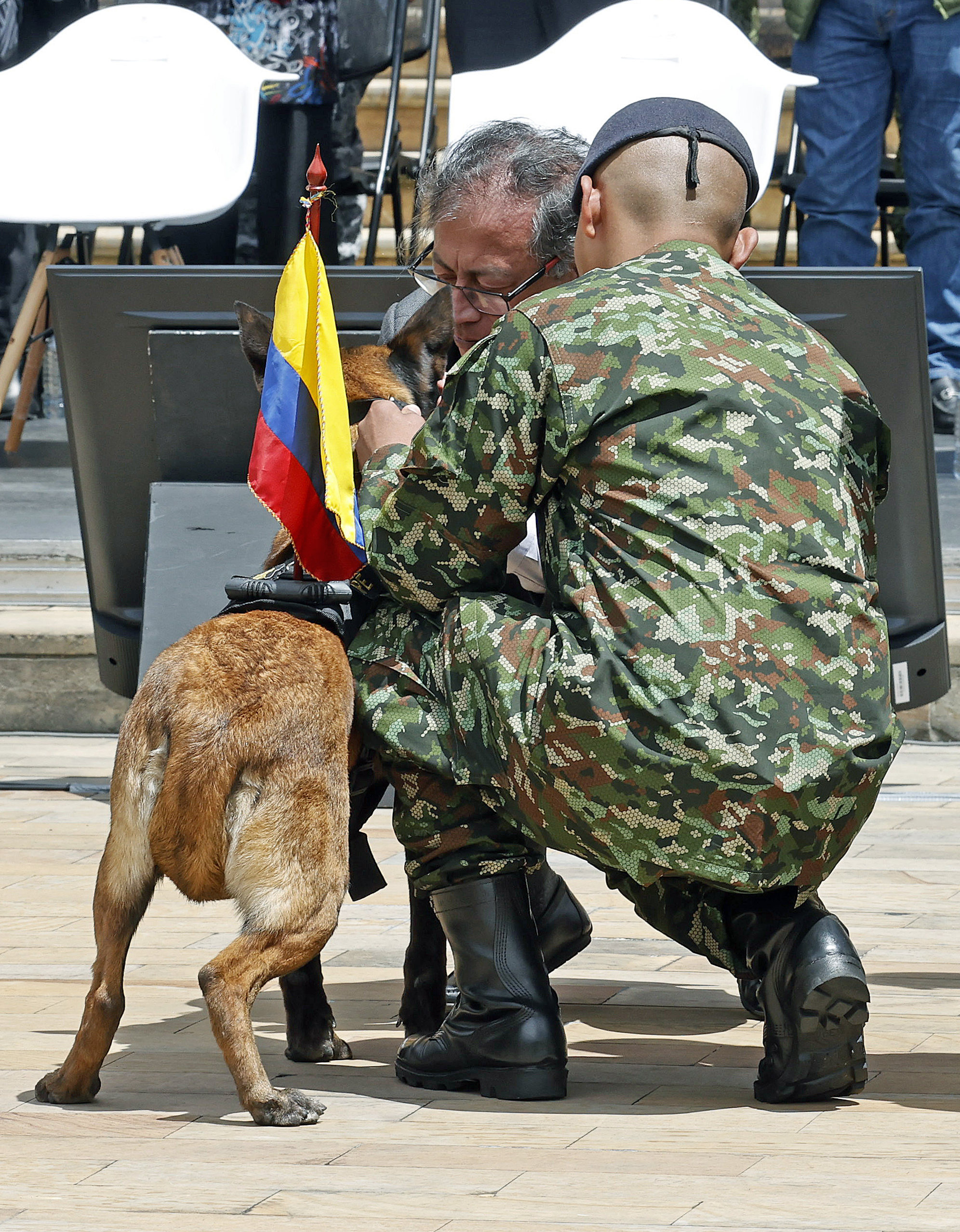 AME9099. BOGOTÁ (COLOMBIA), 26/06/2023.- El presidente de Colombia Gustavo Petro (atrás) condecora a la mamá de Wilson, el perro que ayudó al rescate de los niños indígenas que estuvieron perdidos en la selva durante cuarenta días y que durante el operativo se perdió en la selva, en el Palacio de Nariño, en Bogotá (Colombia). EFE/ Mauricio Dueñas Castañeda