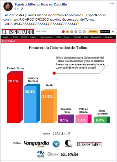 Así difunden los simpatizantes de Ricardo Orozco la información falsa en las redes sociales.La tendencia de publicación de encuestas falsas ha sido recurrente en la actual campaña electoral y se ha intensificado con la cada vez más cerca fecha de los comicios regionales, que se realizarán el próximo domingo 27 de octubre.