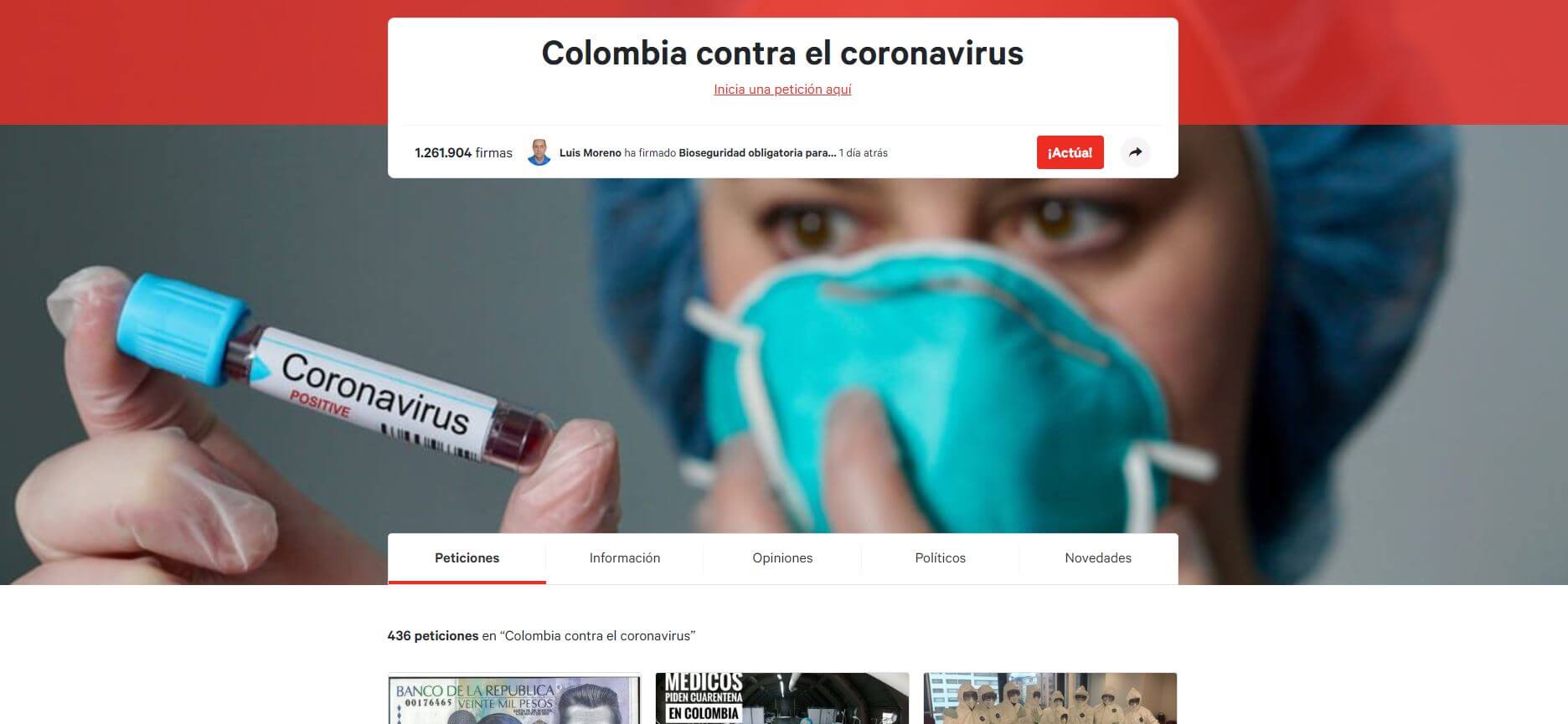 Un millón de firmas para frenar efectos del coronavirus en Colombia