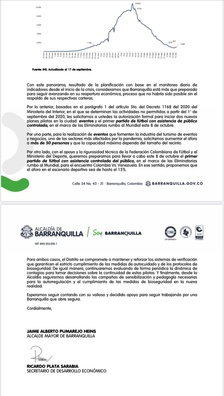 Carta que la Alcaldía de Barranquilla les envió a los ministerios del Interior y de Salud.