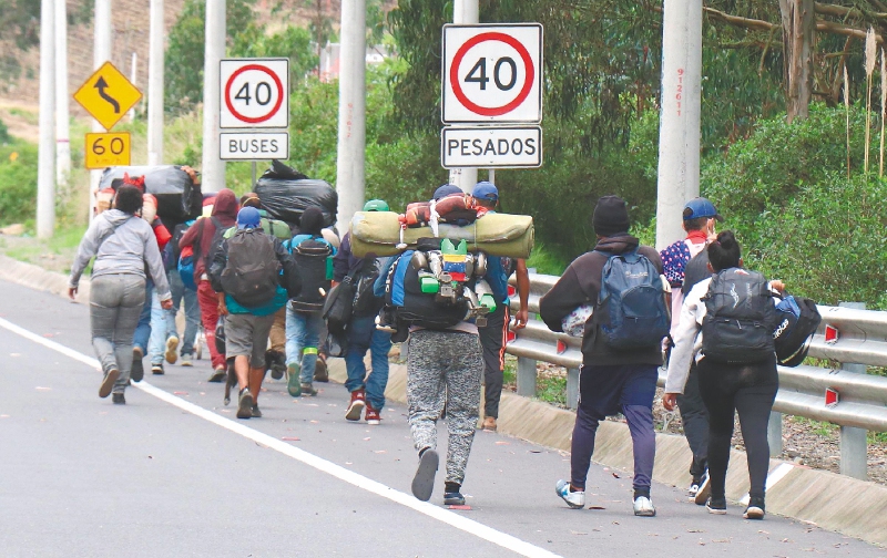 Imagen de archivo de un grupo de migrantes venezolanos que camina por una carretera cercana a la frontera de Ecuador y Colombia.