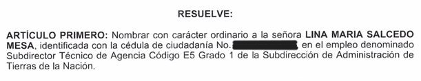 El decreto que ordenó el nombramiento de Lina María Salcedo Mesa.
