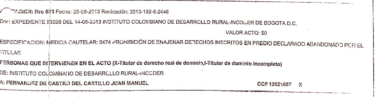 Anotación sobre uno de los predios de Pitalito en los que quedó una anotación de medida cautelar que prohibe cualquier acción sobre el predio.