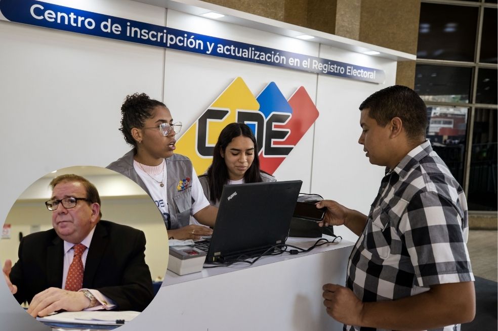 Personas acuden a inscribirse en el registro de votación en un centro de inscripción y actualización del Registro Electoral, de cara a los comicios presidenciales del 28 de julio, este martes en Caracas (Venezuela). - Collage con fotografía del candidato presidencial Edmundo González