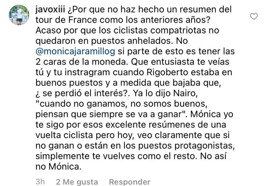 Usuario le reclama a Mónica Jaramillo su silencio en redes sobre el Tour de France
