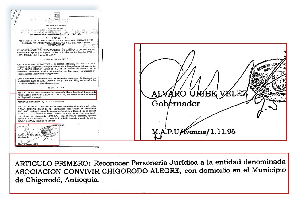 Facsímil que da cuenta de la personería jurídica otorgada a Chigorodó Alegre por parte de Álvaro Uribe Vélez.