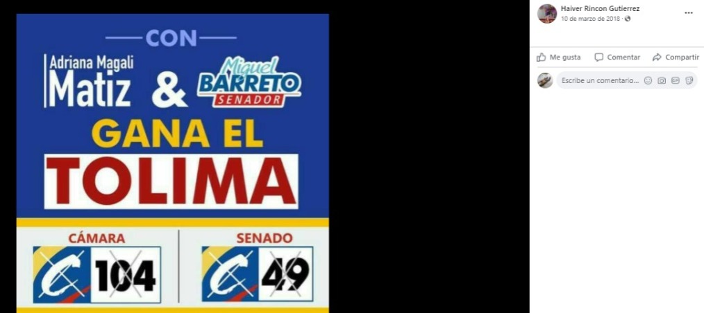 Haiver Rincón, fórmula de lista de Janeth Sabogal, nunca ha ocultado sus simpatías con el barretismo, al que promueve en sus redes sociales.