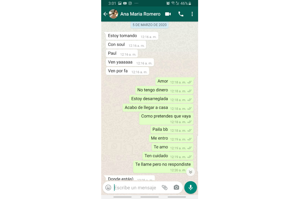 La última conversación de WhatsApp que tuvo Ana María Castro Romero. / Cortesía
