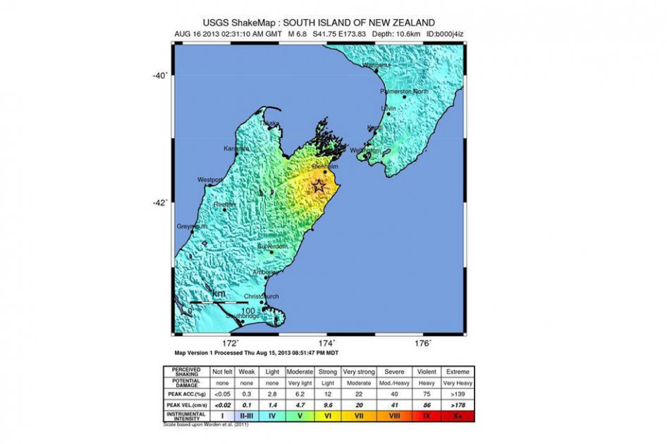 Fotografía cedida por el Servicio Geológico estadounidense (USGS) donde se ve un mapa de intensidad del terremoto de magnitud 6,8 que sacudió la isla sur de Nueva Zelanda./ EFE