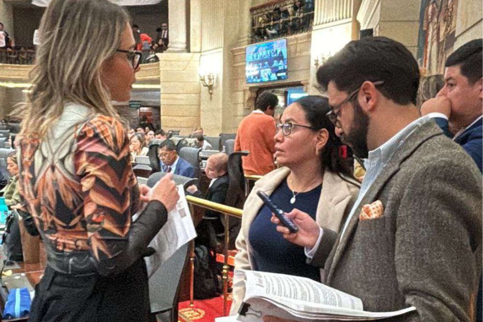 La representante Carolina Arbeláez y el abogado de la ANDI Juan Arturo González Rojas durante la plenaria de la Cámara.