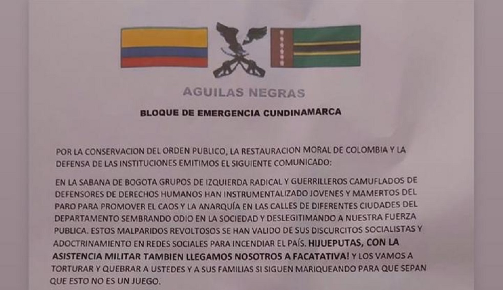 “Los vamos a quebrar”: panfleto de las ‘Águilas Negras’ contra manifestantes en Facatativá