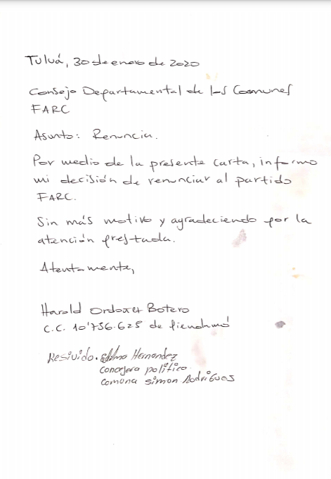 Carta de renuncia de Harold Ordóñez Botero al entonces Partido FARC en enero del 2020.