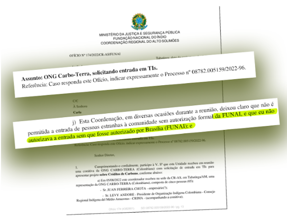 En agosto de 2022, la Oficina de Coordinación de la FUNAI informó de que había denegado a empresas la entrada a tierras indígenas en el Alto Solimões para tratar proyectos de carbono. Reproducción/Funai