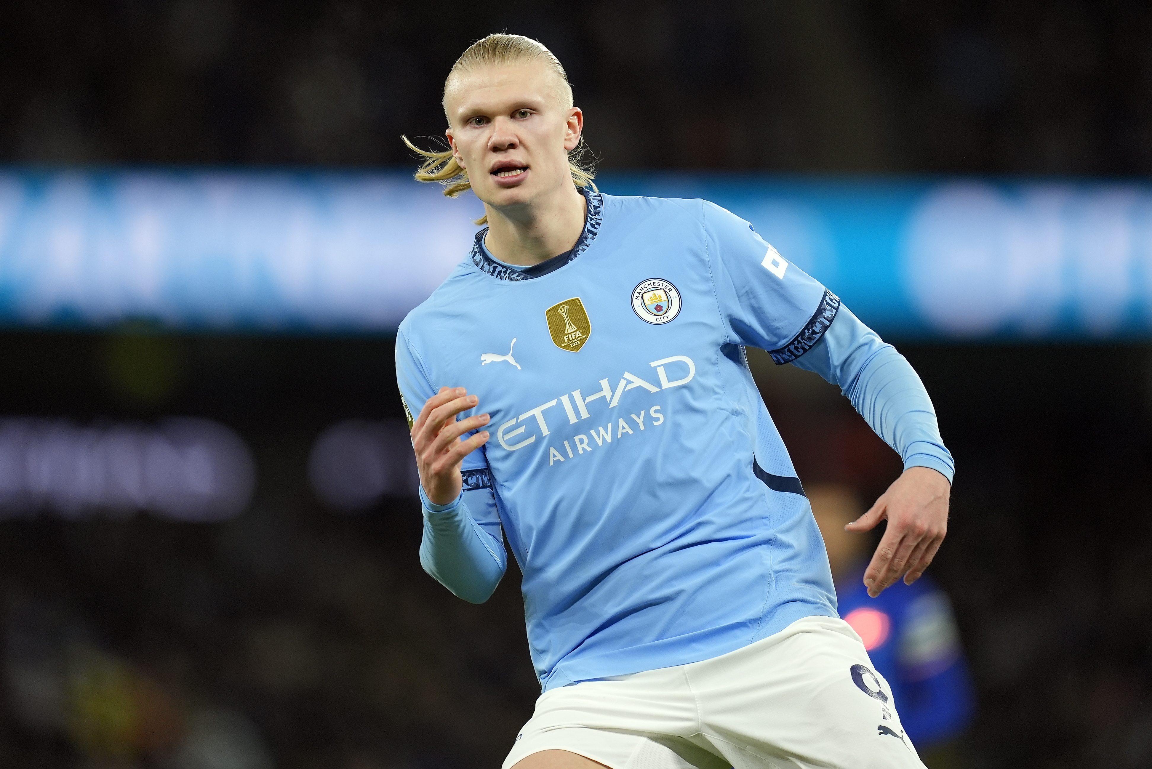 Manchester (United Kingdom), 25/01/2025.- Erling Haaland of Manchester City in action during the English Premier League match between Manchester City and Chelsea, in Manchester, Britain, 25 January 2025. (Reino Unido) EFE/EPA/TIM KEETON EDITORIAL USE ONLY. No use with unauthorized audio, video, data, fixture lists, club/league logos, 'live' services or NFTs. Online in-match use limited to 120 images, no video emulation. No use in betting, games or single club/league/player publications.