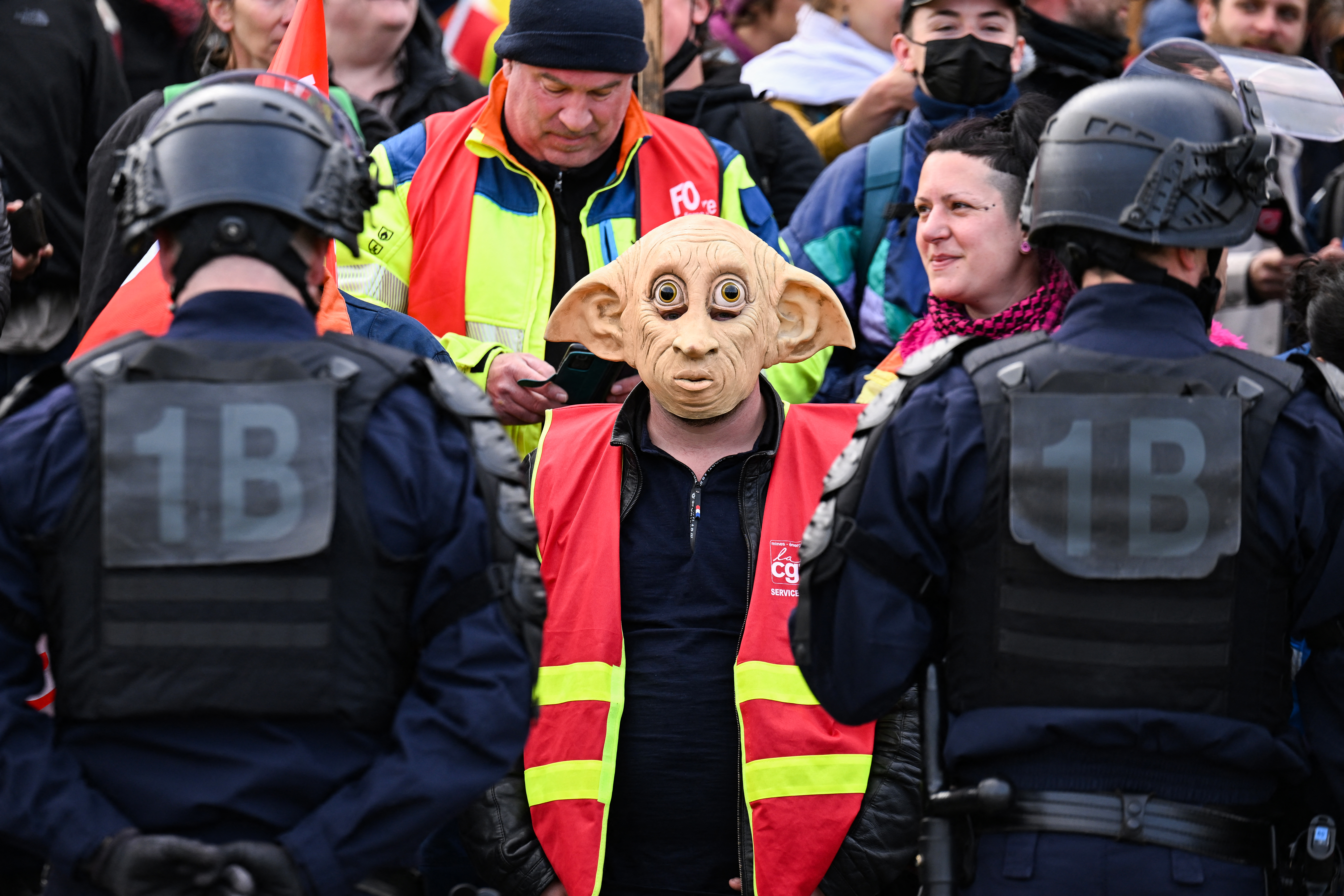 Un manifestante con una máscara de Dobby, el personaje elfo doméstico de Harry Potter, se para frente a los gendarmes franceses durante una manifestación contra la visita del presidente francés en Savines-le-Lac, Alpes franceses, para presentar el "plan de agua".