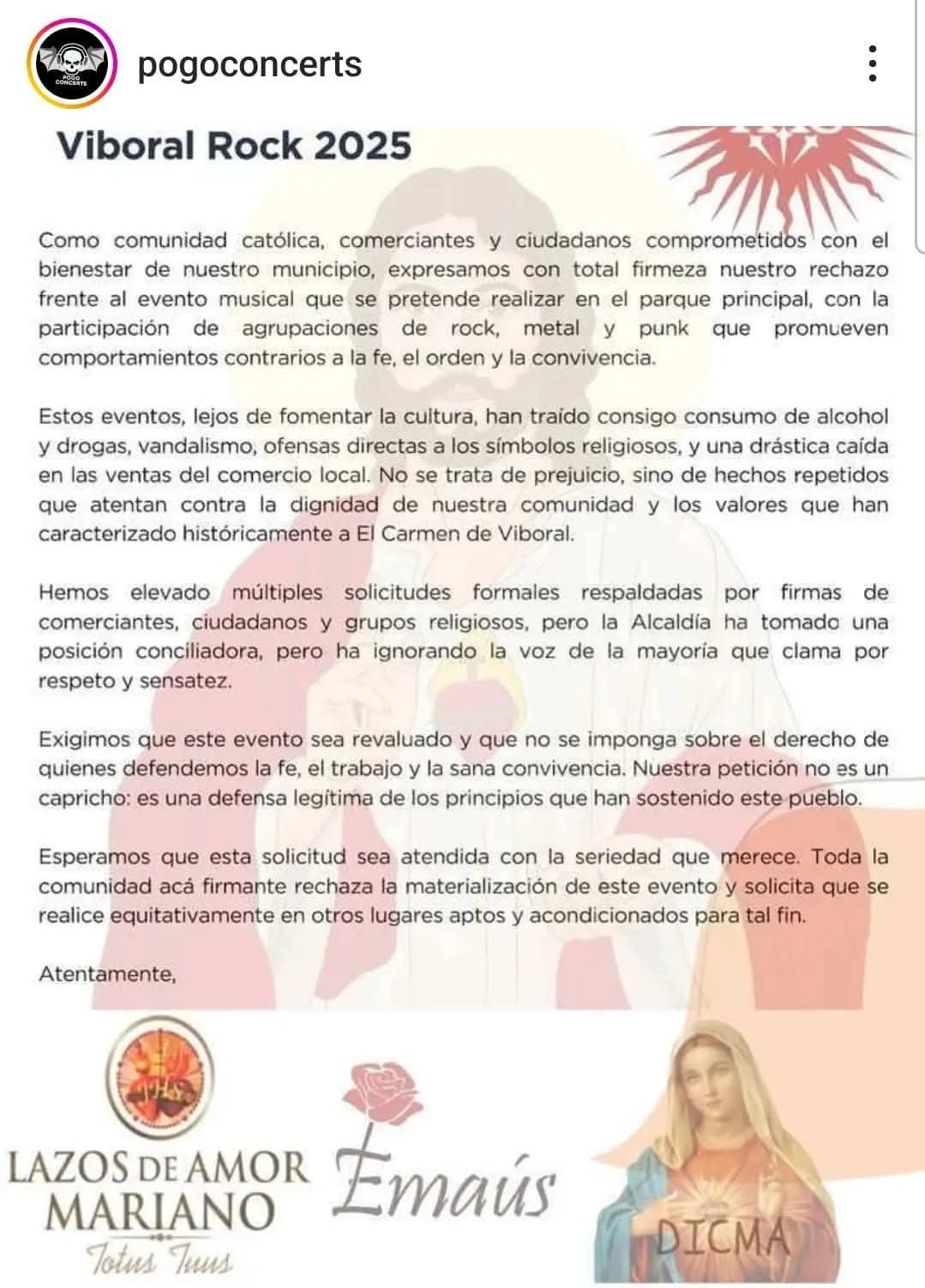 Comunicado de las organizaciones religiosas con respecto al Víboral Rock.