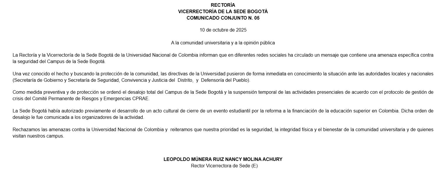 Comunicado en el que el rector confirma la amenaza de explosivo y dicta la disposiciones a la comunidad estudiantil.