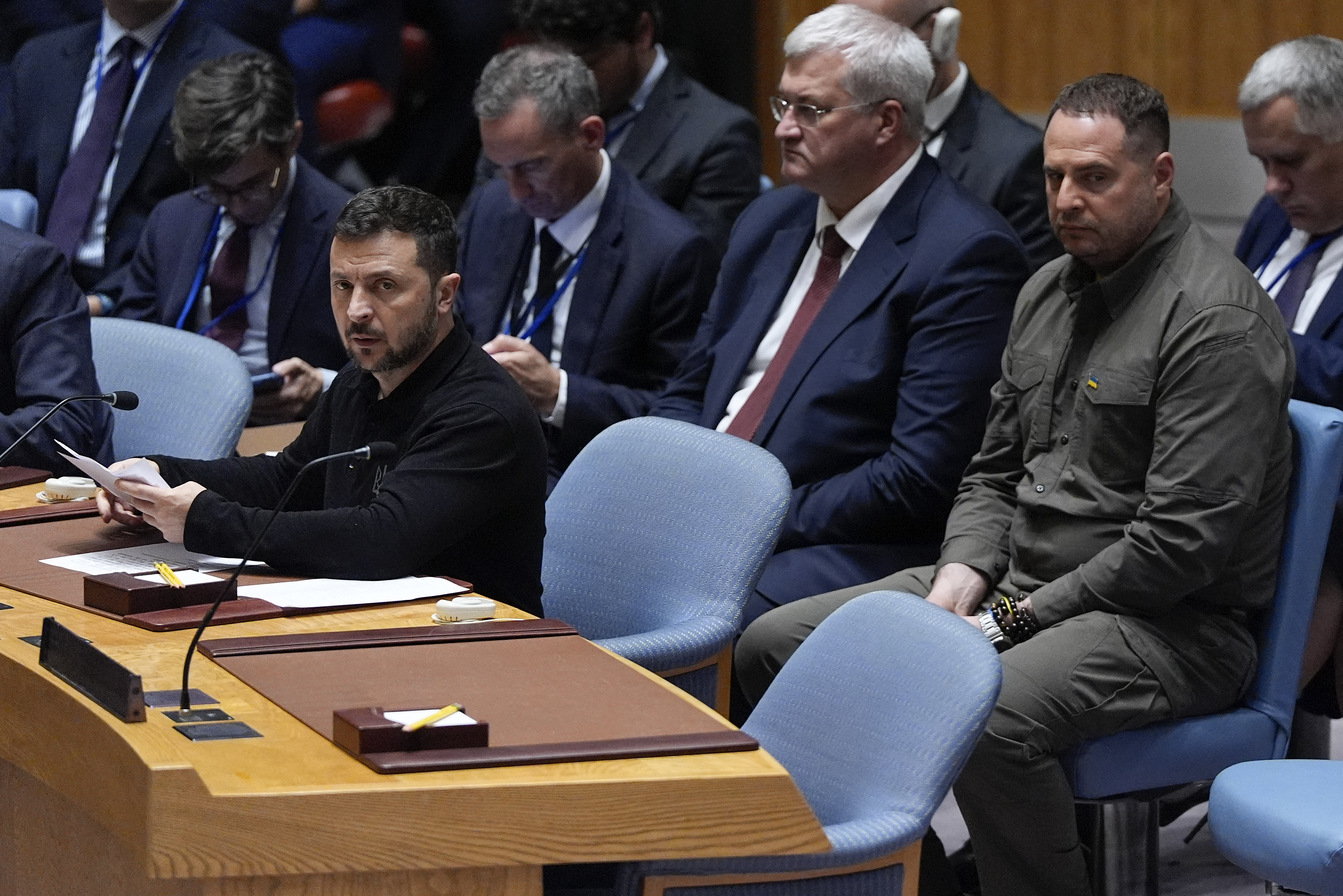 Ukrainian President Volodymyr Zelensky (L) attends a UN Security Council meeting on the conflict between Ukraine and Russia at the United Nations headquarters in New York City on September 24, 2024. (Photo by Julia Demaree Nikhinson / POOL / AFP)