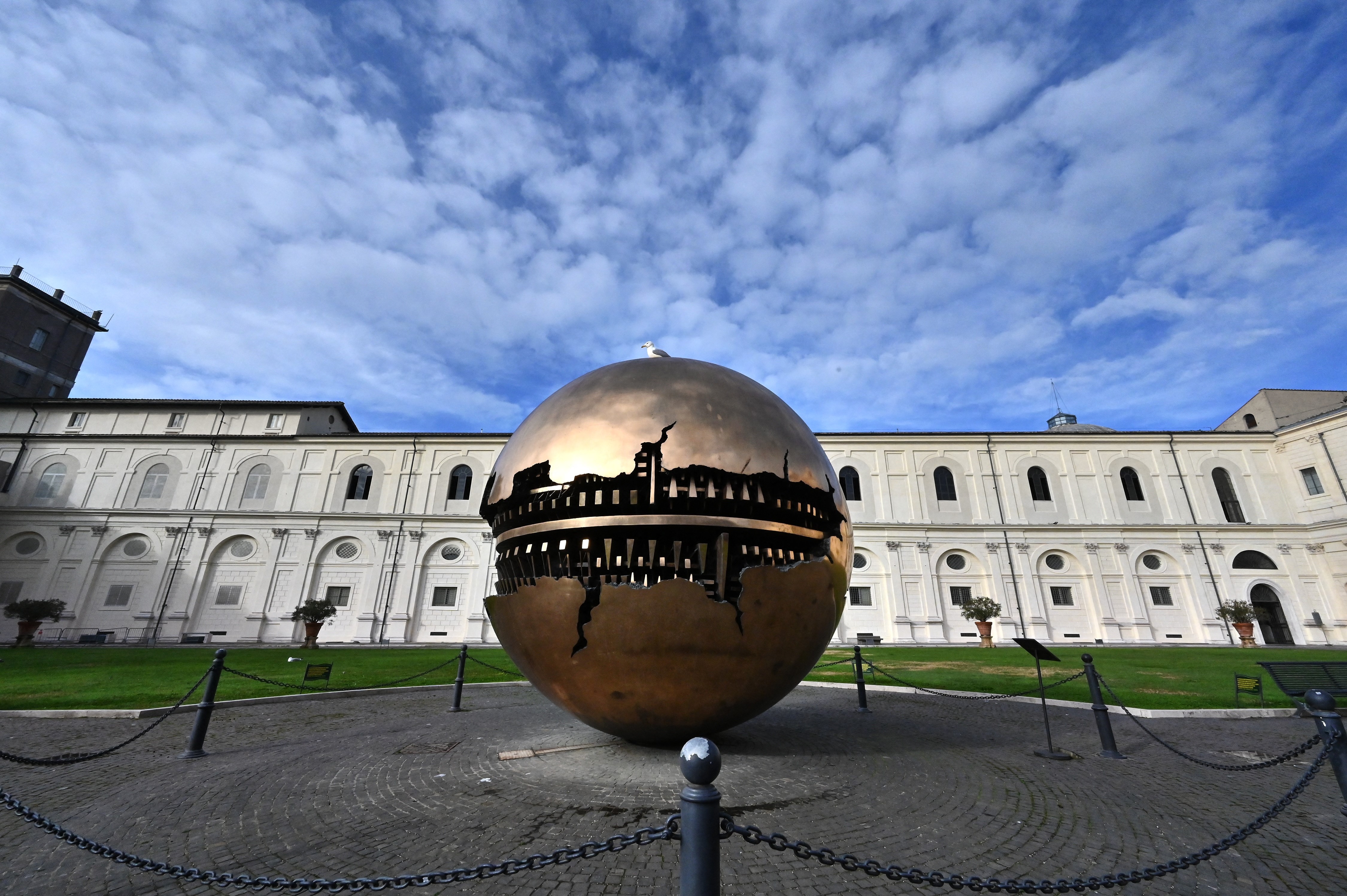 (FILES) A view shows the 'Sphere within a sphere' by italian artist Arnaldo Pomodoro in the Vatican Museum on its reopening day to the public on February 1, 2021 in Vatican City.