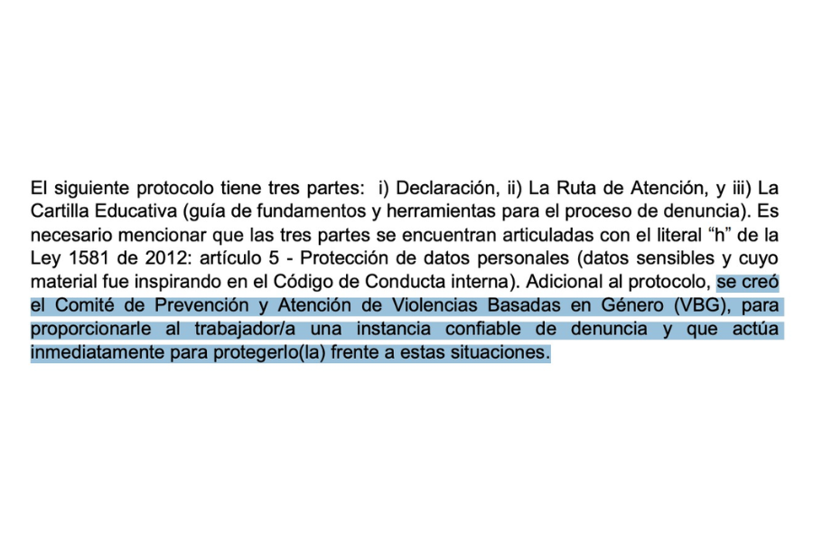 Fragmento del documento de protocolo de género, enviado el 14 de septiembre de 2021.