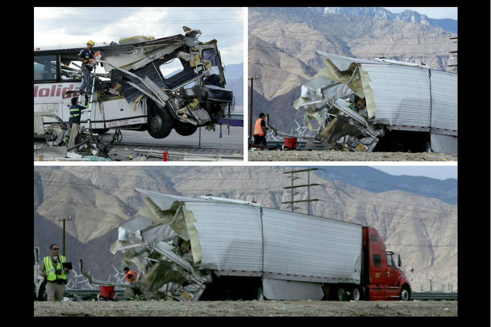 En imágenes: impresionante choque de un bus contra un camión en California