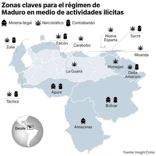 Mapa del narcotráfico, la minería ilegal y el contrabando en Venezuela.