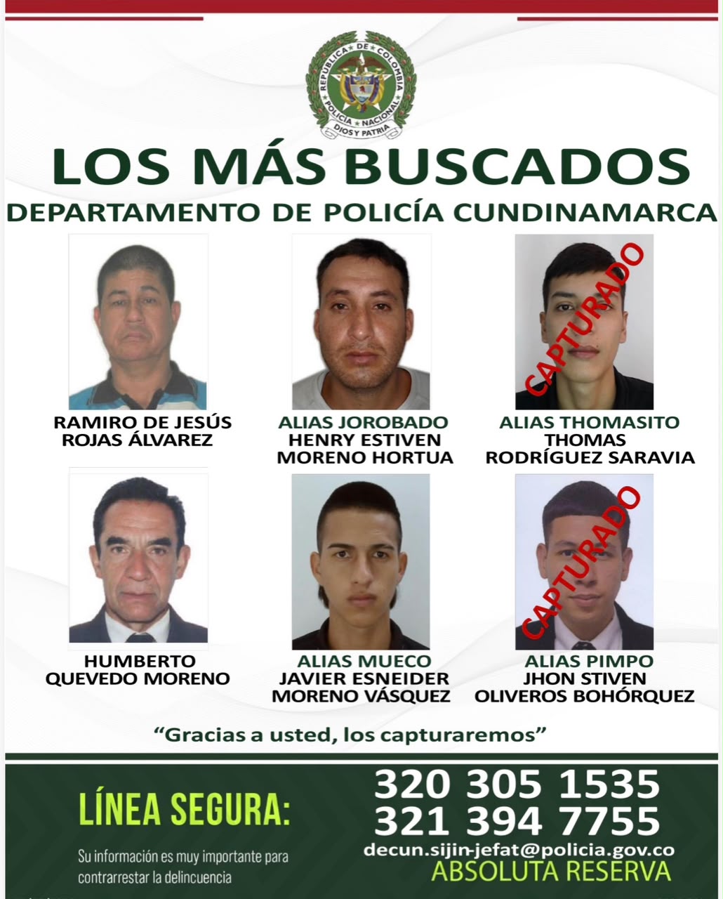 ¿Los ha visto? Policía ofrece recompensa por cuatro hombres buscados en Cundinamarca