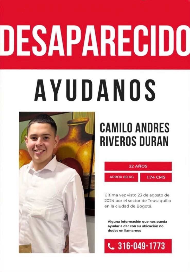 Familiares buscan a Camilo Riveros, desaparecido desde el 24 de agosto