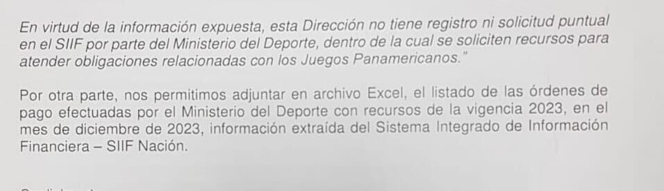 Este es el documento que envió Minhacienda negando la solicitud de recursos para los Panamericanos.