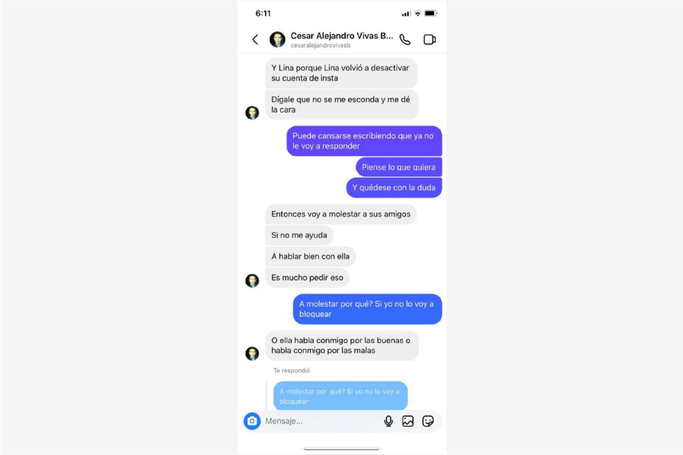 Pantallazo de un mensaje enviado por Cesar Vivas a una persona cercana a Lina Rezk.