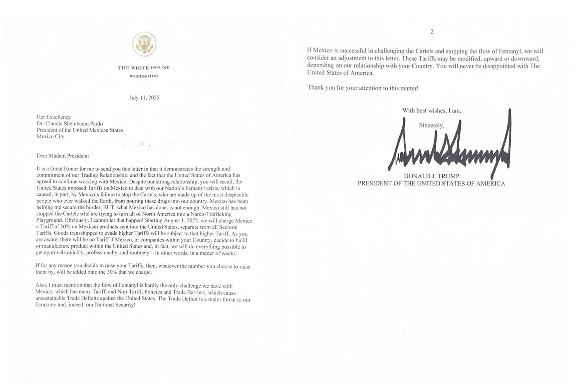 AME2500. WASHINGTON (ESTADOS UNIDOS), 12/07/2025.- Imagen tomada de la cuenta oficial en la red social Truth Social @realDonaldTrump del presidente de Estados Unidos, Donald Trump, de una carta enviada por Trump a su homóloga de México, Claudia Sheinbaum. Trump anunció este sábado que impondrá un arancel del 30 % a los productos procedentes de la Unión Europea (UE) y México, que entrarán en vigor el 1 de agosto, en una nueva escalada con respecto a anuncios anteriores. EFE/ @realdonaldtrump /SOLO USO EDITORIAL/ NO VENTAS/ SOLO DISPONIBLE PARA ILUSTRAR LA NOTICIA QUE ACOMPAÑA (CRÉDITO OBLIGATORIO)