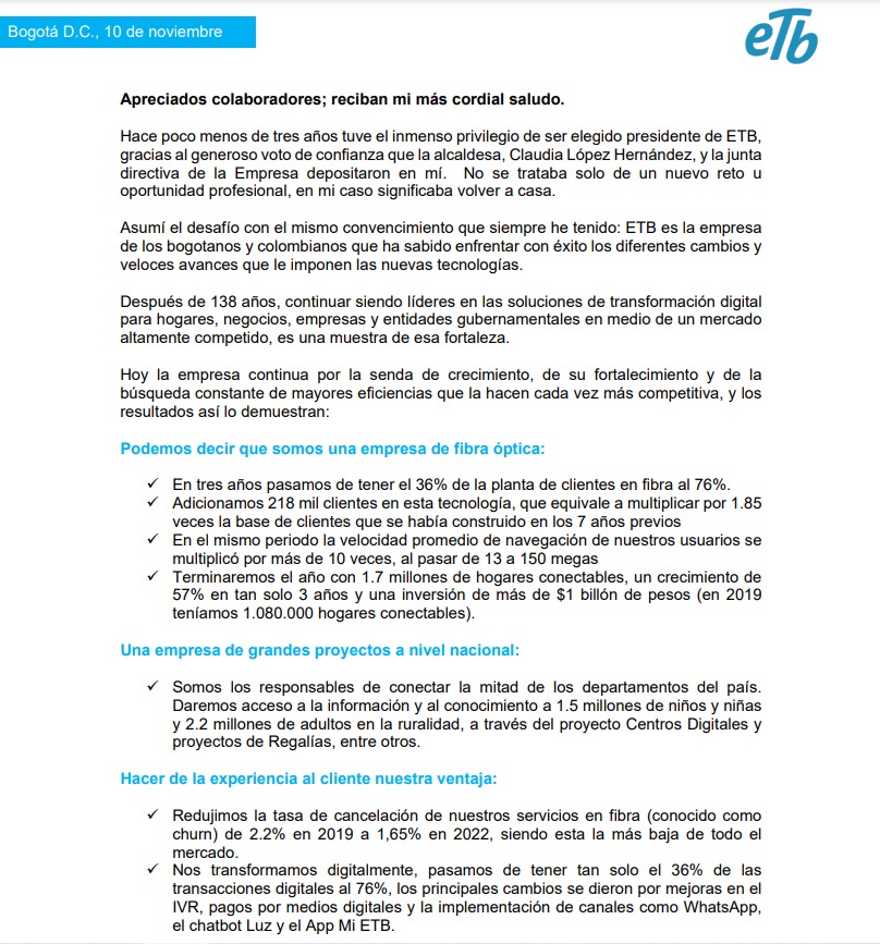 Esta fue la carta de renuncia enviada por Sergio González a la mesa directiva de ETB.