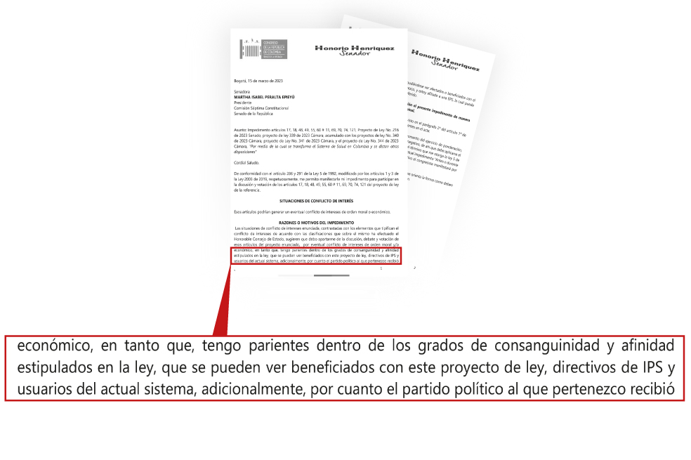 Impedimento presentado por Honorio Henríquez, del Centro Democrático, para la reforma a la salud.