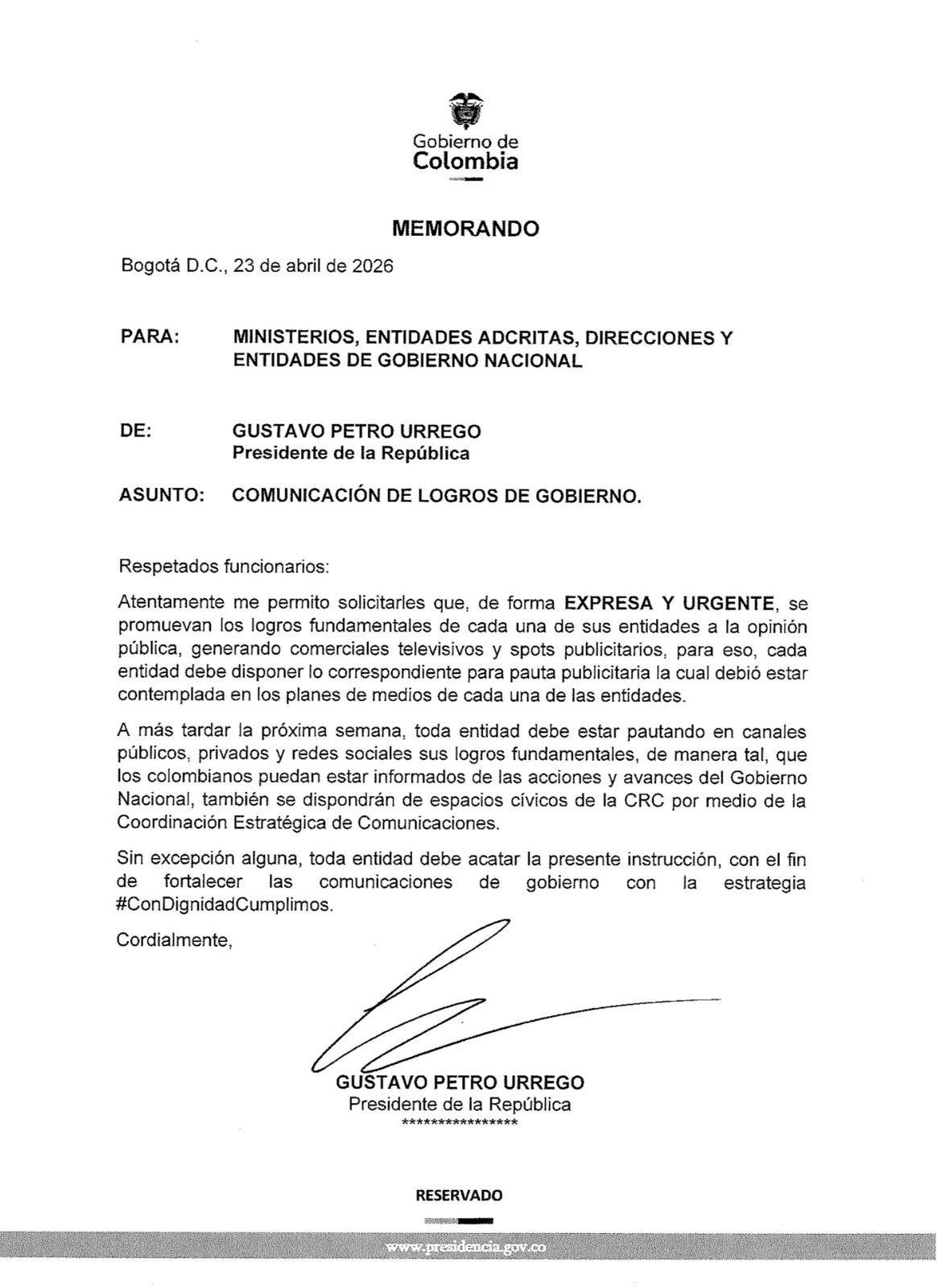 Memorando firmado por el presidente Gustavo Petro.