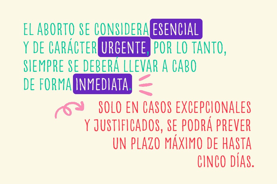 El aborto se considera esencial y de carácter urgente, por lo tanto, siempre se deberá llevar a cabo de forma inmediata. Solo en casos excepcionales y justificados, se podrá prever un plazo máximo de hasta cinco días.