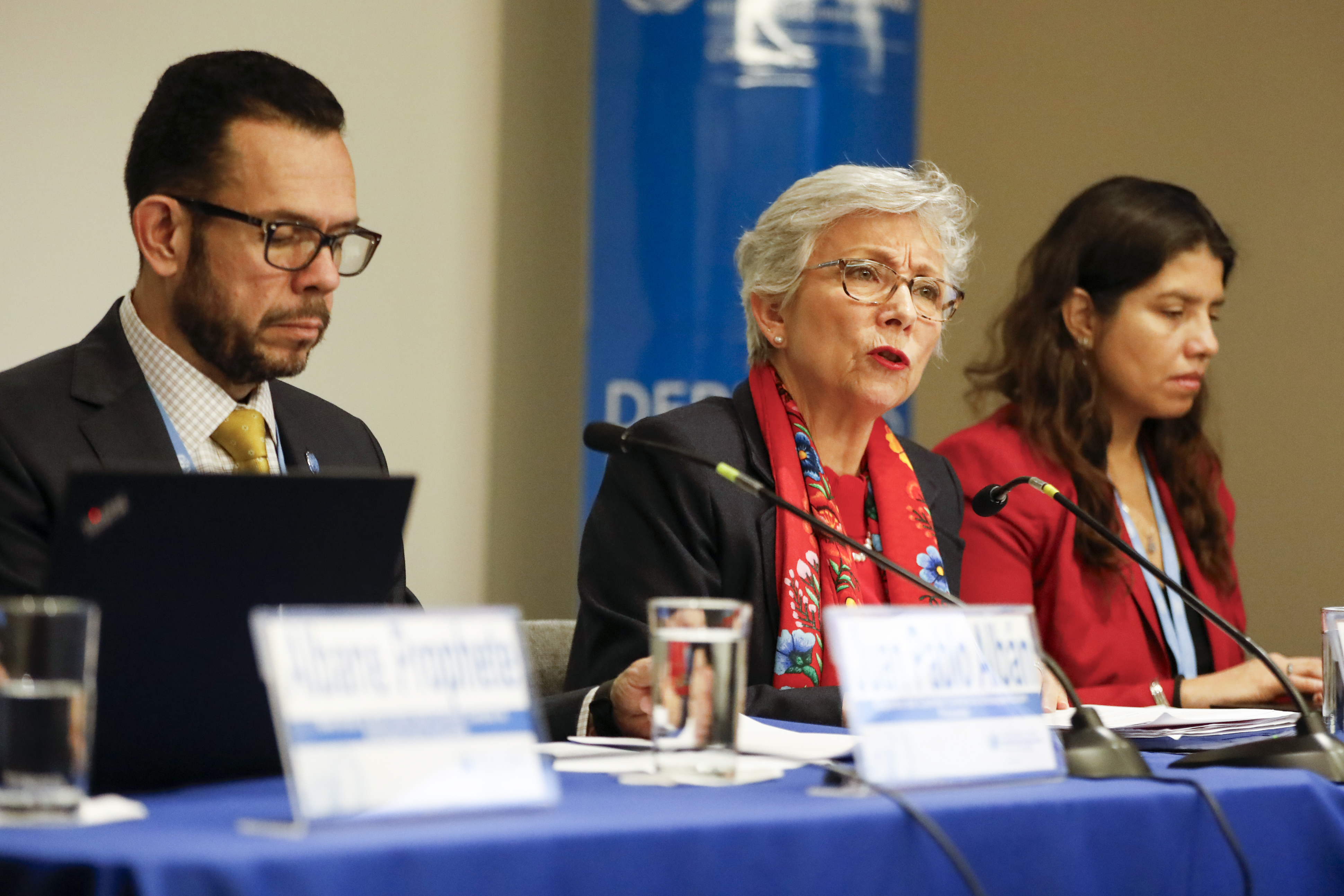 AME3521. BOGOTÁ (COLOMBIA), 05/12/2024.- La experta del Comité de la ONU para la Desaparición Forzada, Carmen Rosa Villa (c) habla durante una rueda de prensa este jueves, en Bogotá (Colombia). El Comité de la ONU para la Desaparición Forzada señaló este jueves que ha recibido información de que Medicina Legal tiene "resguardados" en un hangar de un aeropuerto de Bogotá alrededor de 20.000 cuerpos que no ha podido identificar porque no hay medios o formas de saber su identidad para darles sepultura. EFE/ Juan Diego López