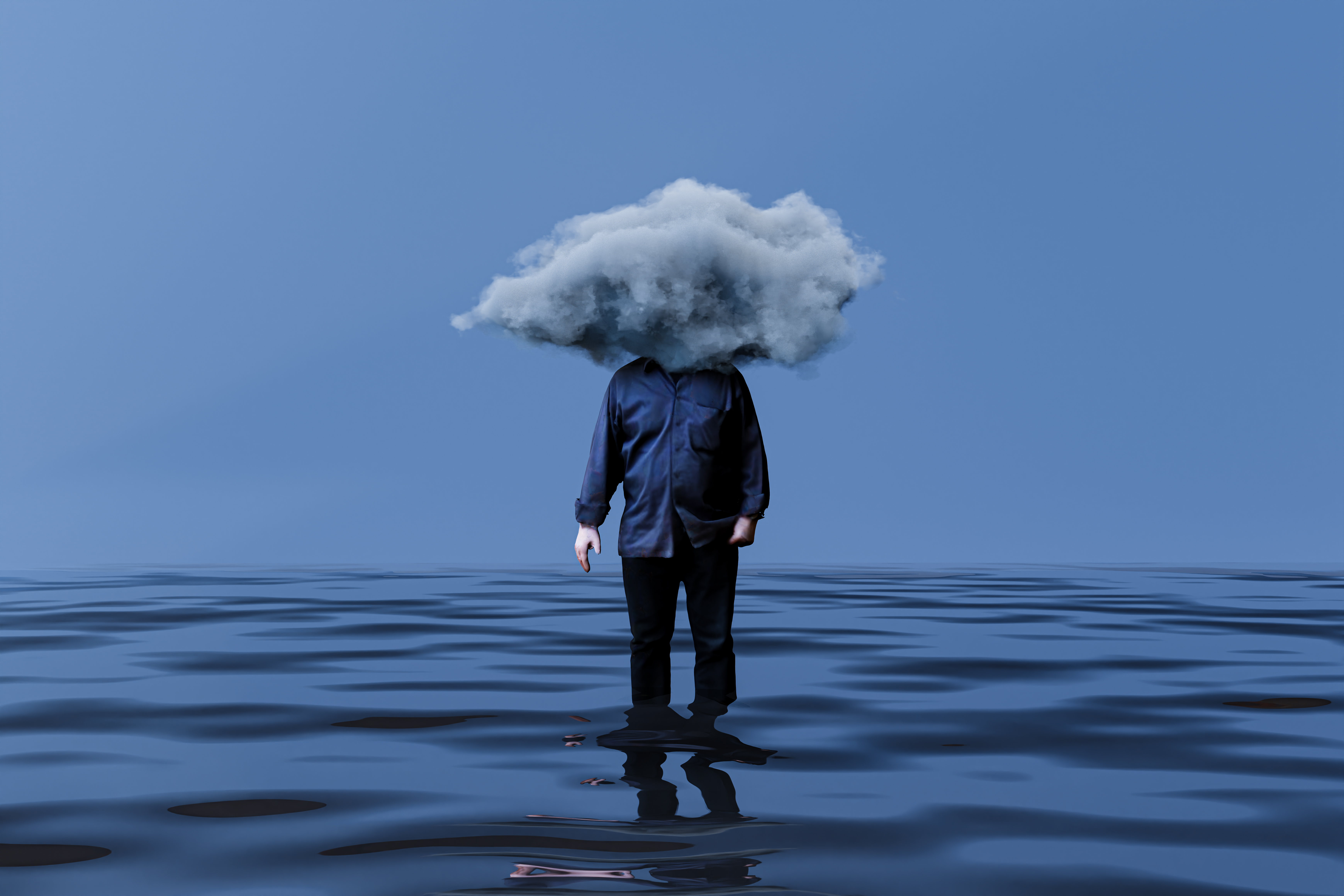 Computer graphic of male figure has fluffy cloud instead of head and standing in rippled water. Man with head in cloud and wet feet.
