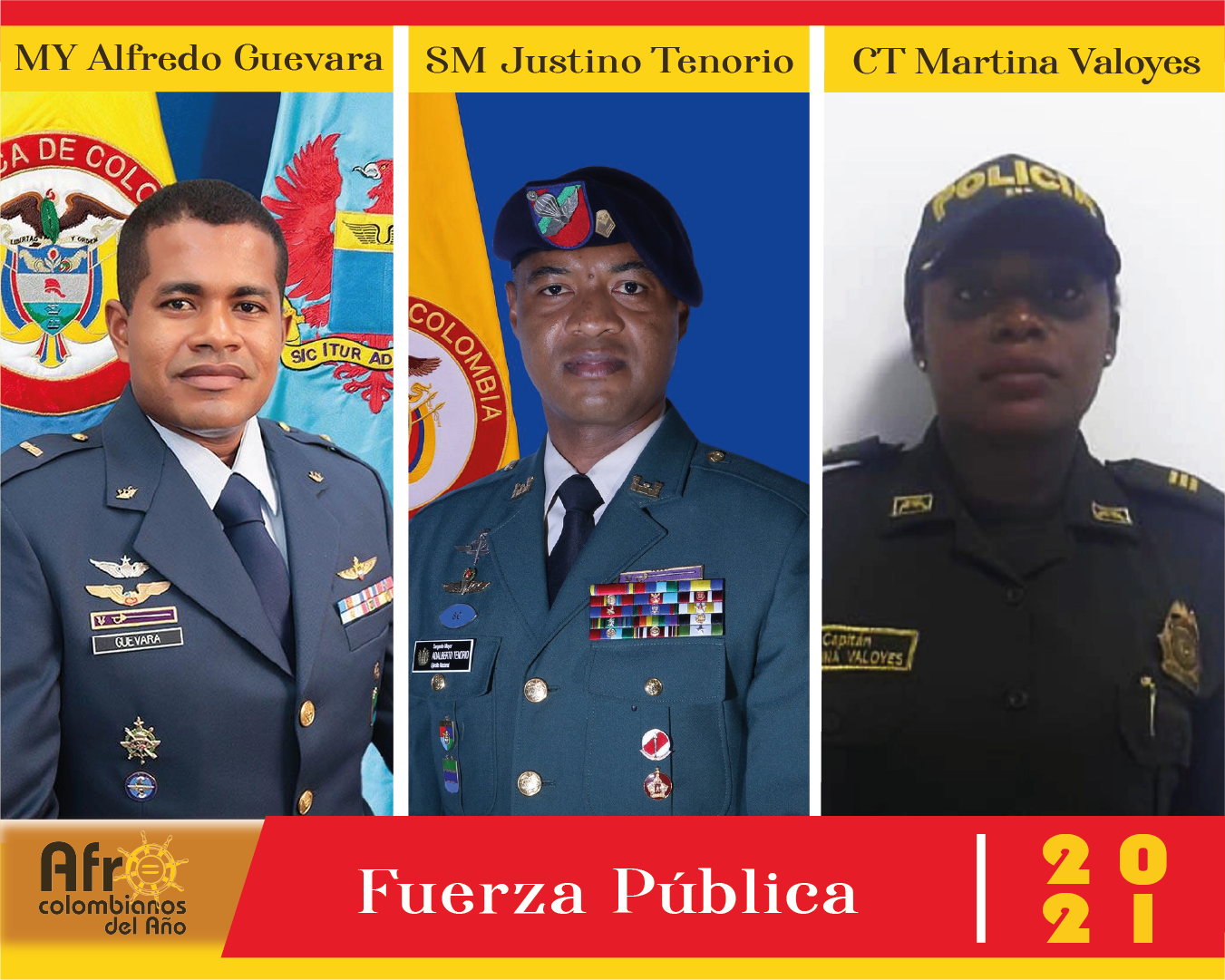 Mayor Alfredo Guevara, SM Justino Adalberto Tenorio y CT Martina Valoyes son los nominados en la categoría Fuerza Pública.