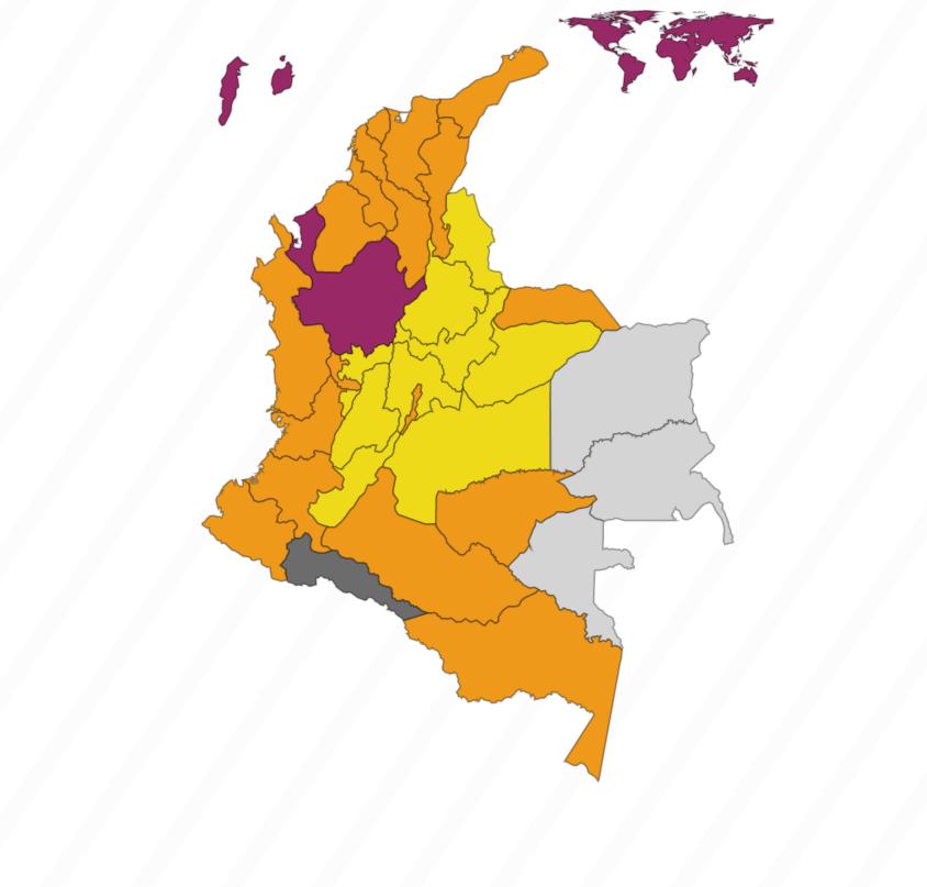 El color morado representa la región donde lideró Federico durante los dos primeros boletines. El color naranja muestra los lugares donde puntea Petro.
