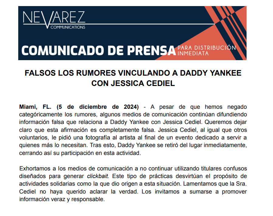 Por una fotografía que Jessica Cediel publicó en sus redes sociales donde aparecía junto a Daddy Yankee, algunos internautas los vincularon sentimentalmente. El equipo de comunicaciones del puertorriqueño se pronunció.