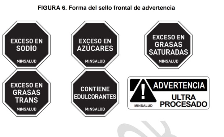 La advertencia con forma de triángulo será uno de los nuevos sellos que se pondrían en los empaques en Colombia.
