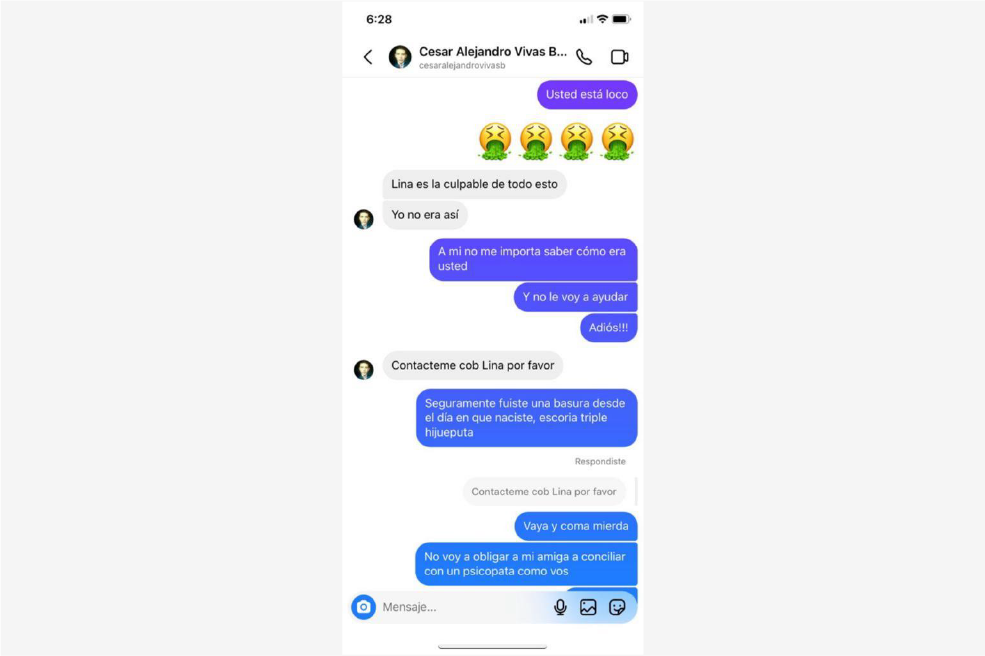 Pantallazo de un mensaje enviado por Cesar Vivas a una persona cercana a Lina Rezk.