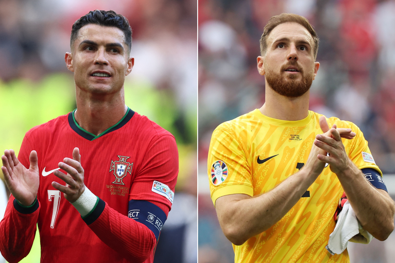 Cristiano Ronaldo (izq.) se enfrentará a Jan Oblak en el partido de octavos de final de la Eurocopa entre Portugal y Eslovenia.