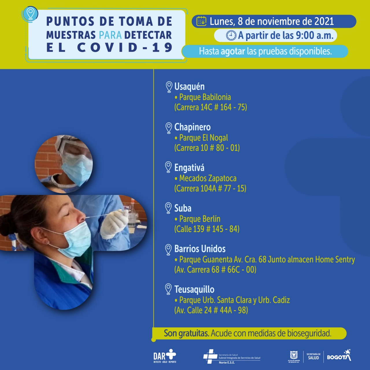 ¿Dónde hay pruebas gratuitas para Covid-19 este lunes en Bogotá?
