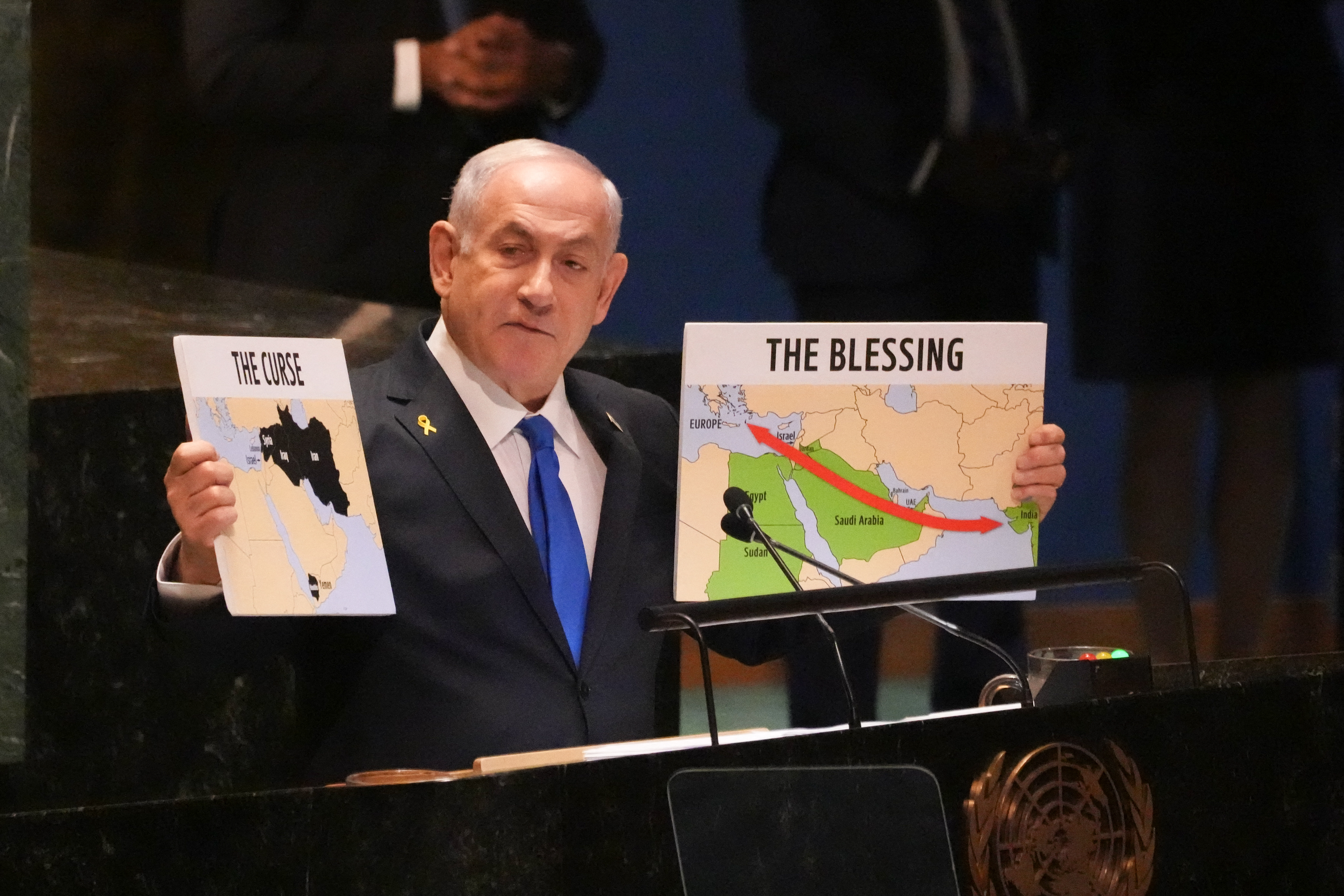 Israeli Prime Minister Benjamin Netanyahu speaks during the 79th Session of the United Nations General Assembly at the United Nations headquarters in New York City on September 27, 2024.