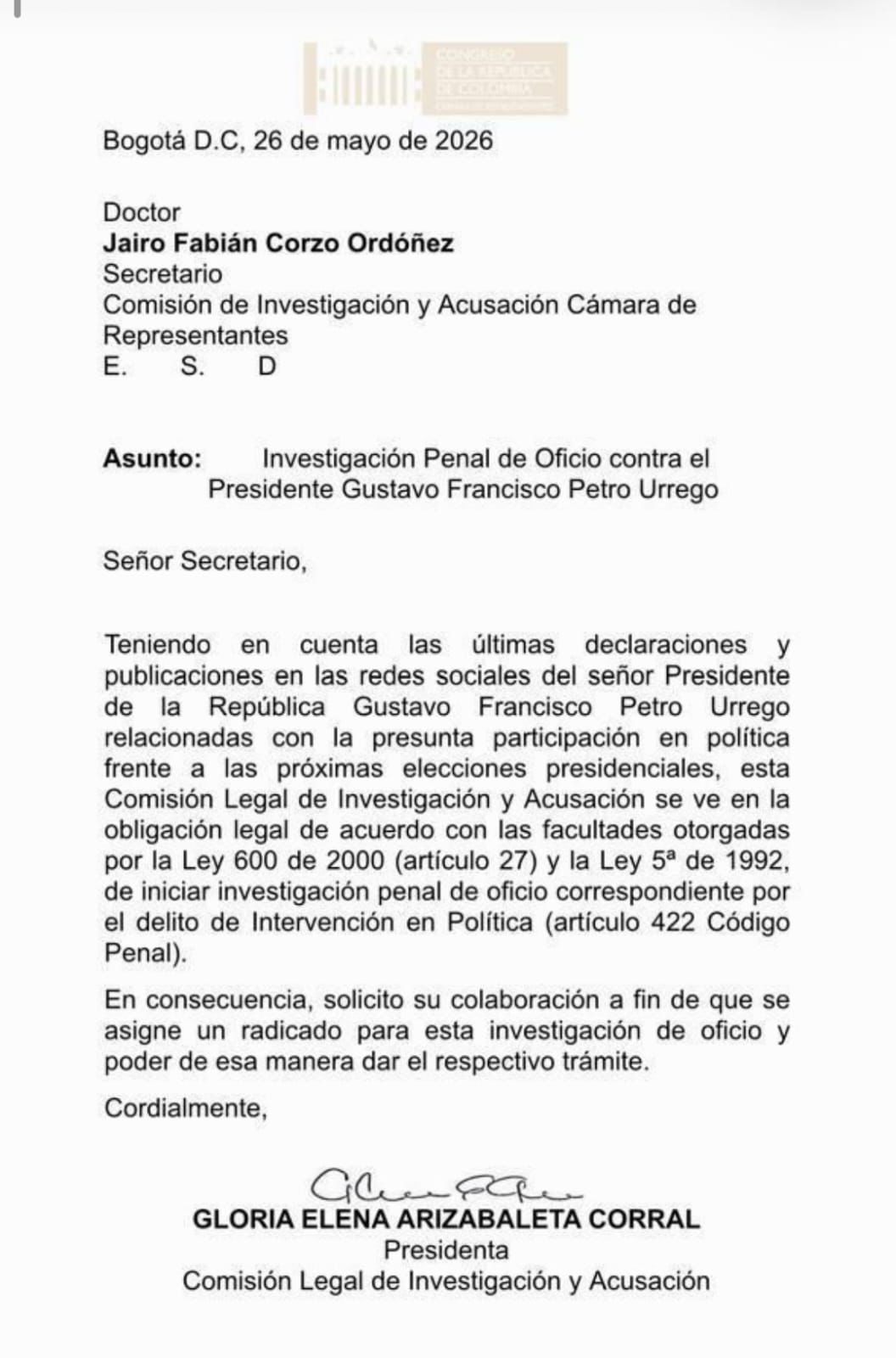 Indagación al presidente Gustavo Petro por participación indebida en política.