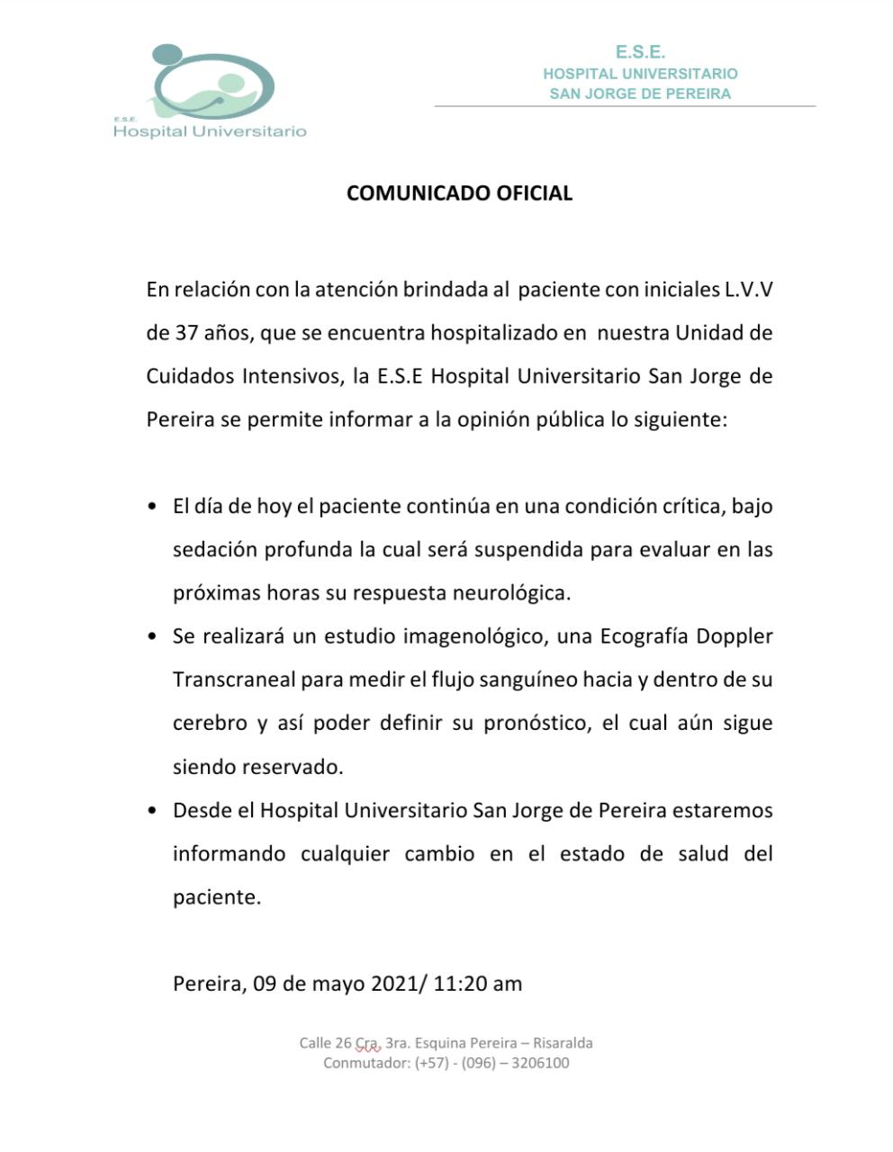 Actualización sobre el estado de salud de Lucas Villa