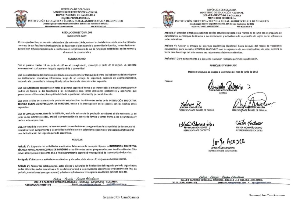 La Institución Educativa de Dibulla emitió una resolución en la que suspendían todo tipo de actividades durante el miércoles 19 y jueves 20 de junio.CortesíaSegún el documento, las actividades laborales y académicas se retomarían en horario normal el viernes 21 de junio.